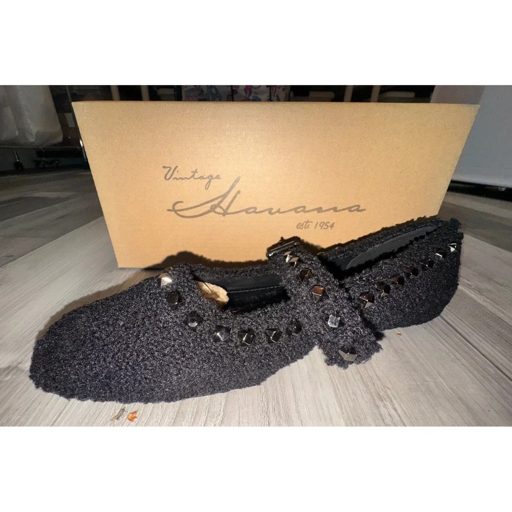 NWT Vintage Havana Impress 3 Mary Jane Women Black Boucle Studded Flats 8.5